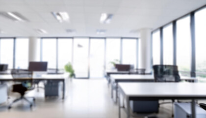 Abstract blurred image of modern Open space office with white interior concept full furniture for background design concept