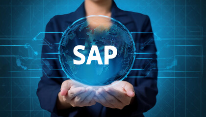 SAP or ERP enterprise resources planning system concept - Person hold virtual globe with SAP 