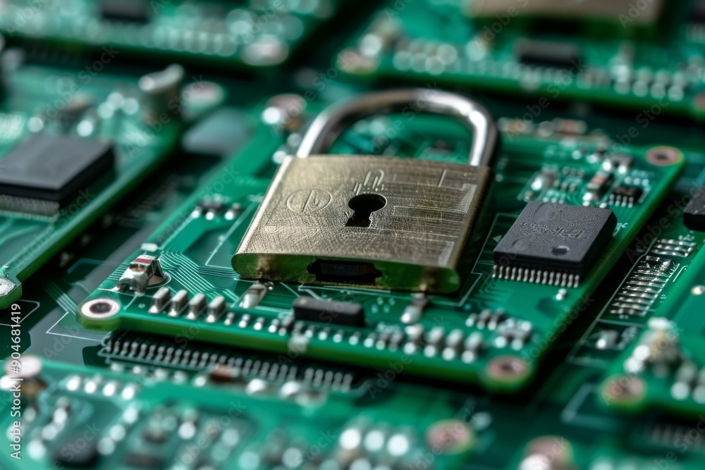 Poster close-up of a padlock on a tech circuit board, emphasizing cybersecurity and hardware protection