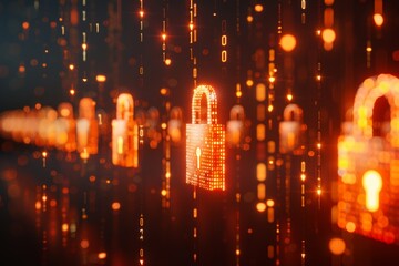 Obraz premium Bokeh background with illuminated padlocks, depicting the blurred lines of cyber and physical security