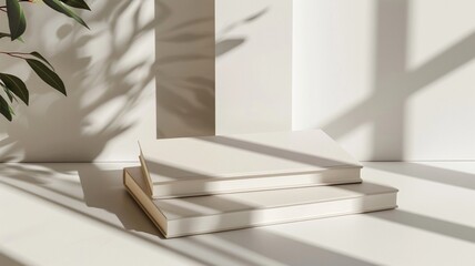 Neat pile of generic white books with no labels, against a plain background
