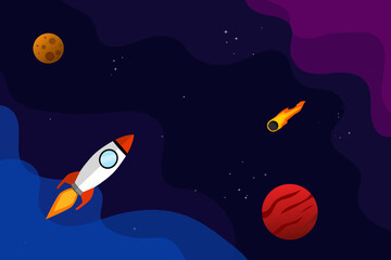 Space rocket and planet background. Abstract galaxy vector illustration poster design template