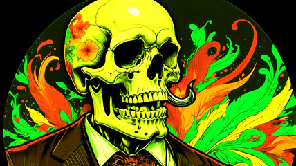 A strikingly detailed pop art sticker of a skull adorned with a handlebar mustache and a stylish posh undercut haircut against a solid black background. The image, reminiscent of a painting, features 