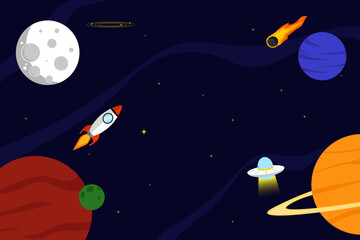 Naklejka premium Space rocket and planet background. Galaxies vector illustration poster design template