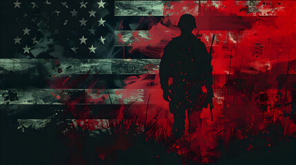 USA American grunge flag with silhouette of a soldier,generative ai