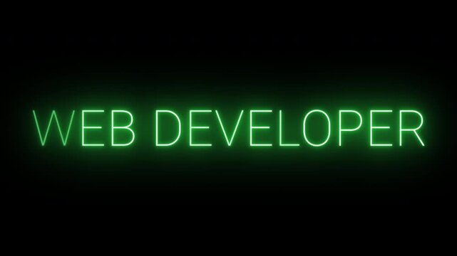 4K, flickering neon green web developer text animated on black background