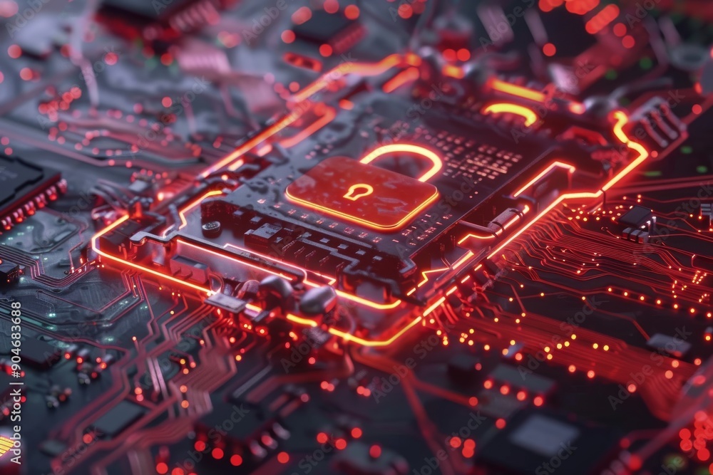 Poster circuit board with red neon padlocks illustrating secure electronic data operations