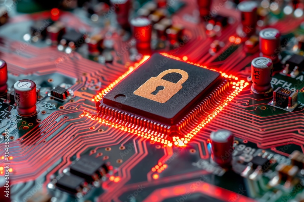 Poster glowing circuit with neon padlocks, emphasizing digital security and data protection