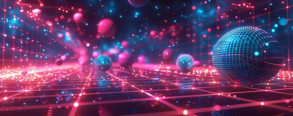 Fototapeta premium Neon grid with floating particles and shapes, abstract-3d-background, cybernetic atmosphere