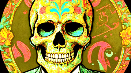 A strikingly detailed pop art sticker of a skull adorned with a handlebar mustache and a stylish posh undercut haircut against a solid black background. The image, reminiscent of a painting, features 