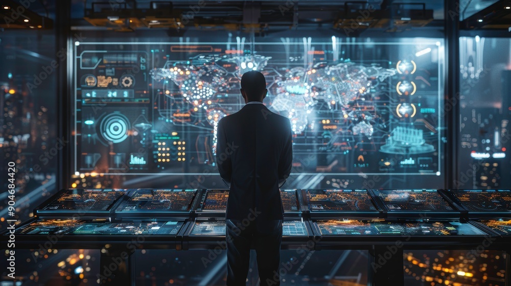 Poster a business professional gazes at a futuristic digital interface displaying global information and an