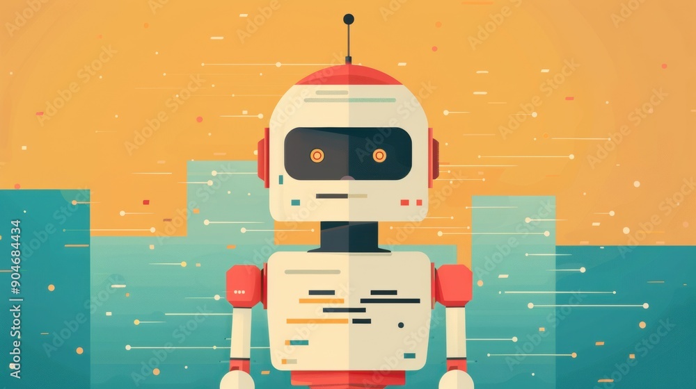 Poster a modern robot stands in front of a digital landscape with vibrant colors and abstract patterns