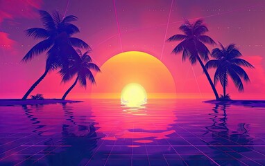 Fototapeta premium Palm Trees Silhouetted Against a Sunset Over a Reflective Ocean