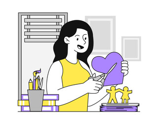 Woman with paper cutting. Young girl with scissors cuts out geometric shapes from paper. Handmade and handicraft origami. Creativity and art. Linear vector illustration