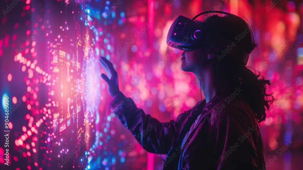 Poster a person engages with a vibrant virtual reality environment, exploring immersive digital landscapes 