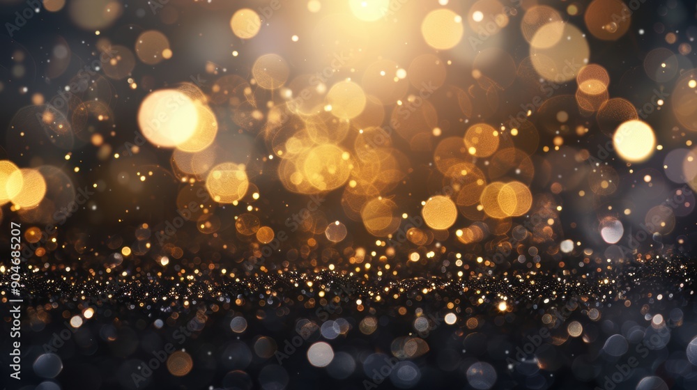 Poster golden glitter combined with soft bokeh lights illuminates a dark background, creating a stunning vi