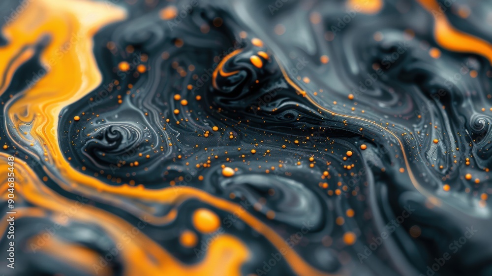Poster liquid patterns swirl together, creating a vibrant blend of orange and black with textured highlight