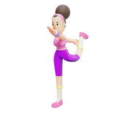 Animated Yoga Girl. Cartoon Character Performing Leg Stretch. 3D Pack