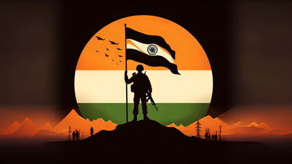 Kargil Vijay Diwas, Kargil victory day, indian army silhouette, holding flag