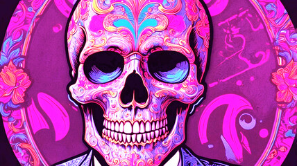 A strikingly detailed pop art sticker of a skull adorned with a handlebar mustache and a stylish posh undercut haircut against a solid black background. The image, reminiscent of a painting, features 