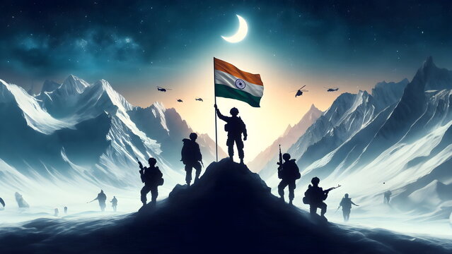 Kargil Vijay Diwas, Kargil victory day, indian army silhouette, holding flag, icy mountain