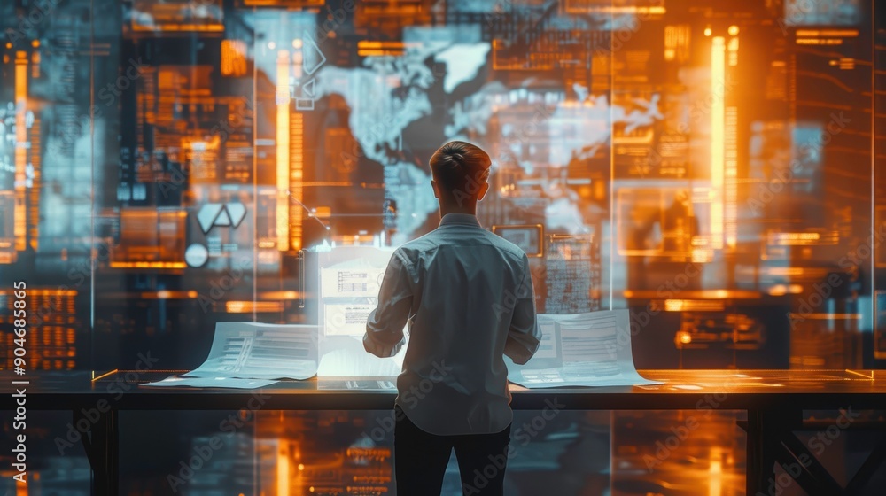 Poster a person interacts with a futuristic holographic display, showcasing global data and technology conc