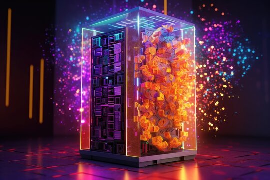 Futuristic High-Tech Data Server with Neon Lights