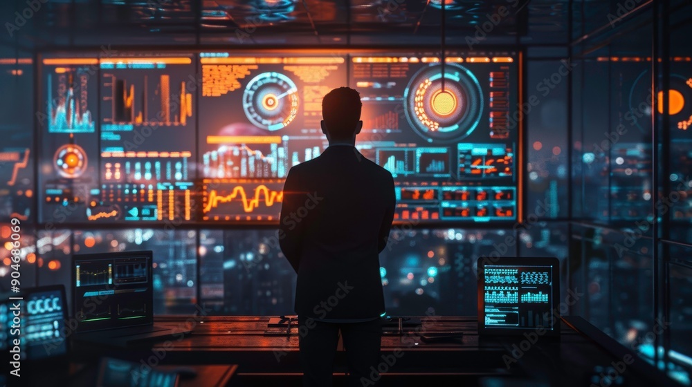 Poster a professional analyzing data in a modern workspace with advanced technology and city lights in the 