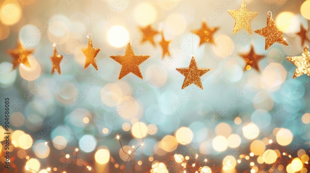 Poster golden stars dangle against a backdrop of soft, shimmering bokeh lights, creating a festive and ench