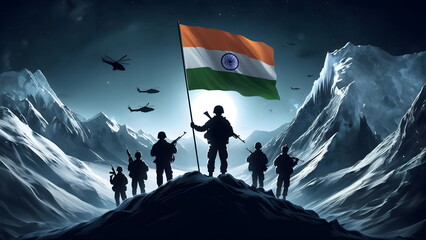 Kargil Vijay Diwas, Kargil victory day, indian army silhouette, holding flag, icy mountain