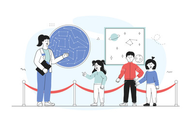 Kids in planetarium. Woman shows constellations to boys and girl. Guide with children in gallery or exhibition. Astrology and astronomy. Linear vector illustration