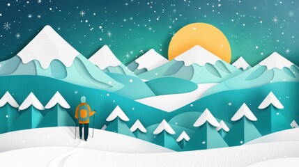A hiker stands in awe of a breathtaking winter sunrise over snowy mountains and evergreen trees