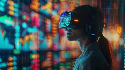 A woman experiences virtual reality, engaging with digital data visualizations, showcasing the future of technology and innovation.