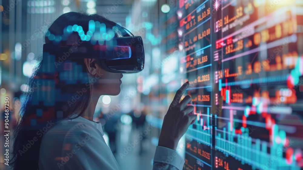 Poster a woman uses virtual reality technology to interact with digital data in a modern, dynamic environme