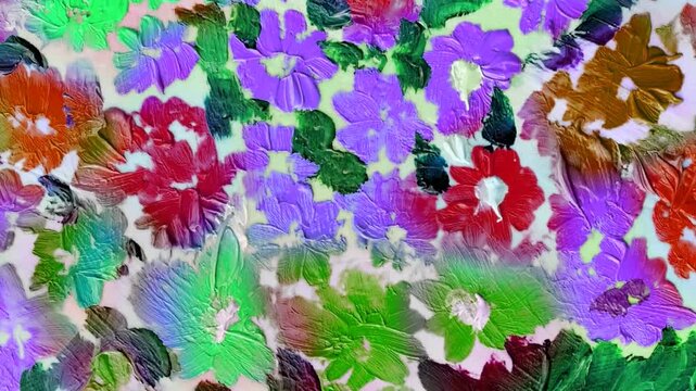 Abstract oil paint texture on canvas, flowers, full frame. Red green pink. floral background	