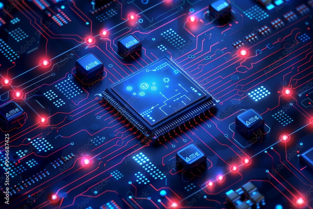 Poster dynamic motherboard circuits in vibrant neon, illustrating high-speed data processing