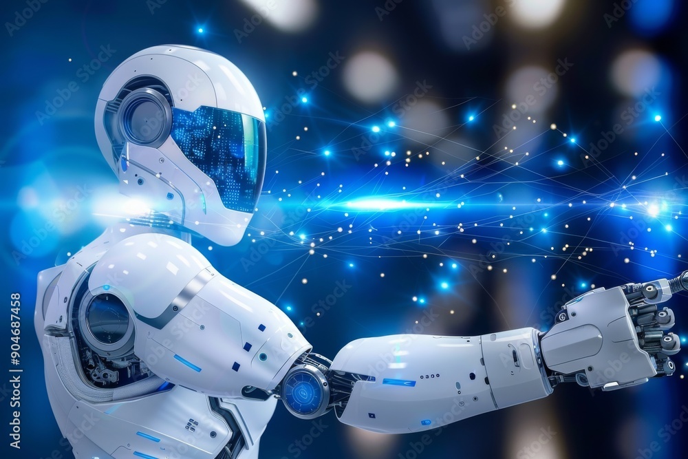Poster futuristic robot hand interacting with digital particles, symbolizing ai and technology integration