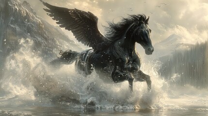 Obraz premium Black Pegasus Running Through Water