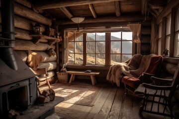 Rustic Cabin Interior with Mountain Views