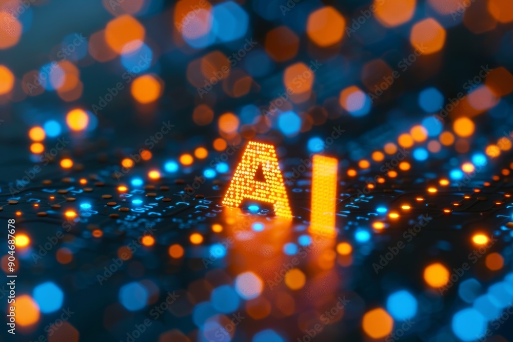 Poster illuminated ai letters on a digital board, highlighting artificial intelligence and machine learning