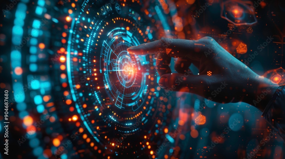 Poster futuristic interface with a hand interacting with glowing technology, symbolizing innovation and dig