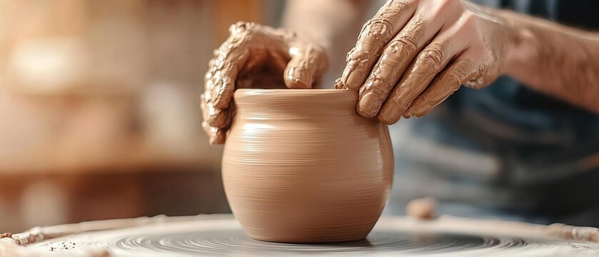 Handsculpting clay pots on a pottery wheel, DIY pottery, artisanal creation