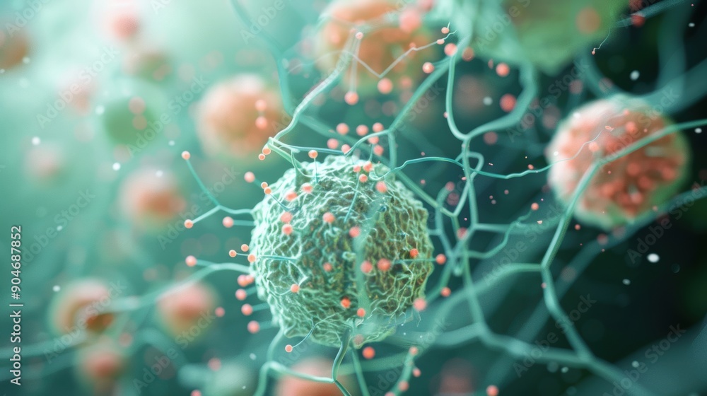 Poster virus particles are shown interacting with host cells in a detailed microscopic environment