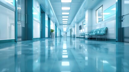 Serene Hospital Hallway: Empty chairs and gleaming floors define this pristine medical corridor, bathed in cool, calming light. 