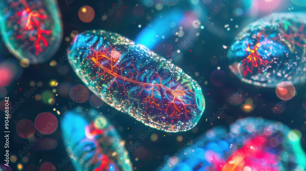 Poster colorful mitochondria are observed under a microscope, showcasing their intricate structure and cell