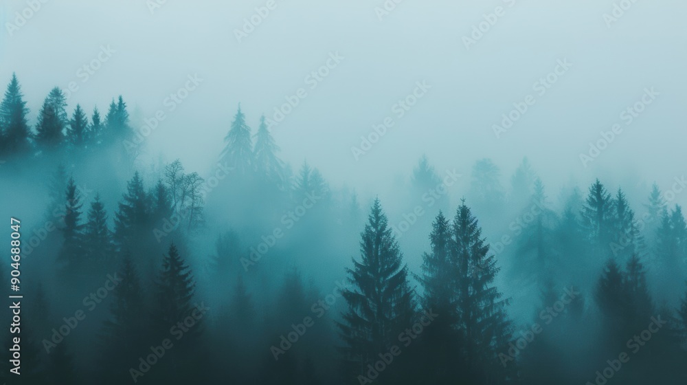 Poster soft mist envelops a tranquil forest as twilight descends, creating a magical and serene atmosphere