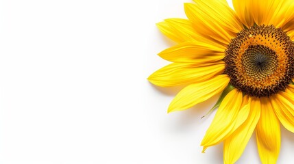 A detailed close-up of a sunflower head with seeds, bright yellow petals and intricate seed patterns, isolated on a white background with ample copy text space