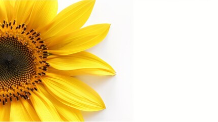 Obraz premium A detailed close-up of a sunflower head with seeds, bright yellow petals and intricate seed patterns, isolated on a white background with ample copy text space