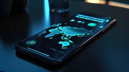 Futuristic Smartphone with Digital World Map Display