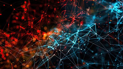 Abstract Interconnected Network with Red, Blue, and Yellow Lights